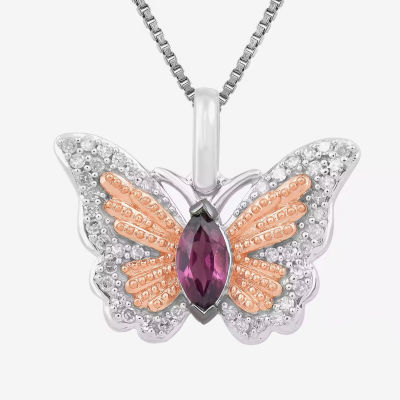 Enchanted Disney Fine Jewelry Womens 1/6 CT. T.W. Genuine Purple Amethyst 14K Rose Gold Over Silver Sterling Silver Butterfly Princess Mulan Pendant Necklace