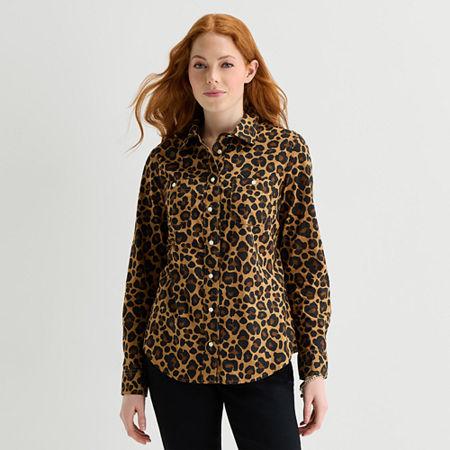 St. John's Bay Womens Easy-on + Easy-off Cuffed Long Sleeve Regular Fit Button-Down Shirt, Large, Brown