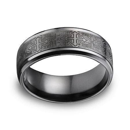 Mens Comfort Fit 9mm Black Titanium Cross Wedding Band, 8, Black