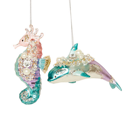North Pole Trading Co. Tropical Punch Beaded Dolphin & Seahourse 2-pc. Christmas Ornament Set, One Size , Blue