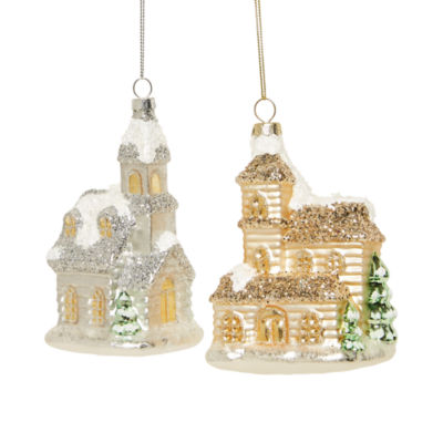 North Pole Trading Co. Grand Millenial Glass House Silver & Gold 2-pc. Christmas Ornament Set