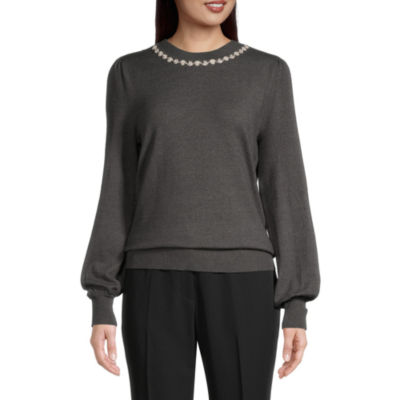 Liz Claiborne Petite Womens Crew Neck Embellished Long Sleeve Pullover Sweater - JCPenney
