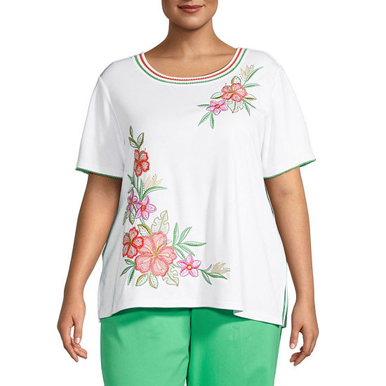 Alfred Dunner Tiki Time Womens Plus Crew Neck Short Sleeve T-Shirt