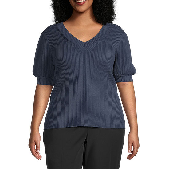 Worthington Plus Womens V Neck Elbow Sleeve Pullover Sweater