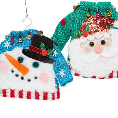 North Pole Trading Co. Share Joy Ugly Sweater Snowman & Santa 2-pc. Christmas Ornament Set