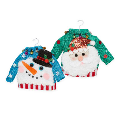 North Pole Trading Co. Share Joy Ugly Sweater Snowman & Santa 2-pc. Christmas Ornament Set