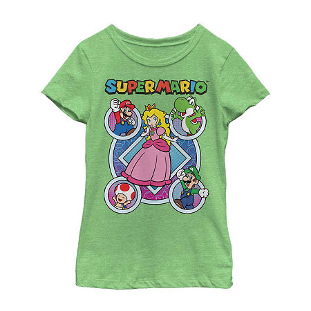 Little & Big Girls Crew Neck Short Sleeve Super Mario Graphic T-Shirt, Medium, Green