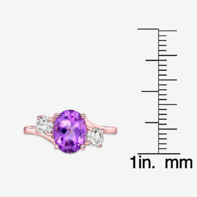Womens Genuine Purple Amethyst 18K Rose Gold Over Silver Oval 3-Stone Cocktail Ring