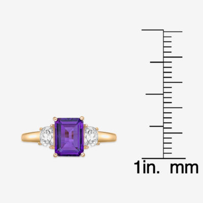 Womens Genuine Purple Amethyst 18K Gold Over Silver 3-Stone Cocktail Ring