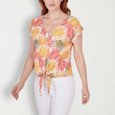 Hearts Of Palm Plus Womens V Neck Short Sleeve Blouse