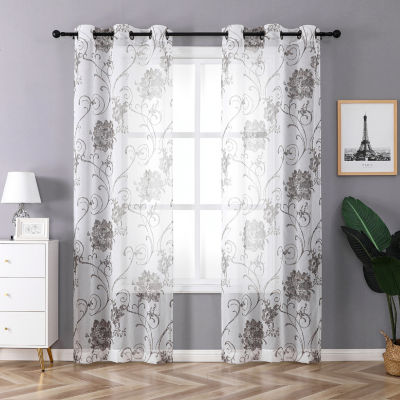 Regal Home Santana Printed Embroidered Sheer Grommet Top Set of 2 Curtain Panel