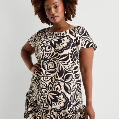 Robbie Bee Womens Plus Round Neck Short Sleeve Shift Dress