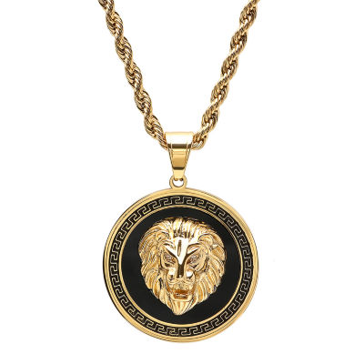 Steeltime Lion Mens Cubic Zirconia 18K Gold Over Stainless Steel Round Pendant Necklace