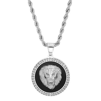 Steeltime Lion Mens Cubic Zirconia Stainless Steel Hypoallergenic 30 Inch Pendant Necklace