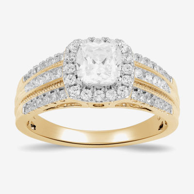 (G / I1) Womens 1 1/2 CT. T.W. Lab Grown White Diamond 10K Gold Cushion Side Stone Halo Engagement Ring
