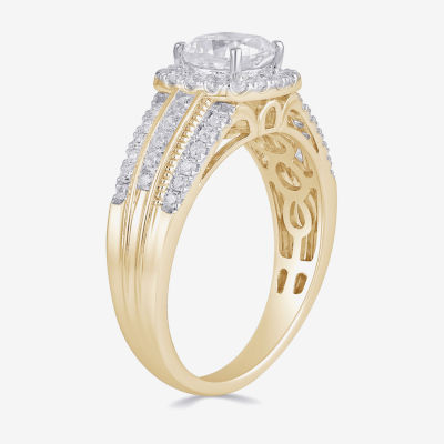 (G / I1) Womens 1 1/2 CT. T.W. Lab Grown White Diamond 10K Gold Cushion Side Stone Halo Engagement Ring