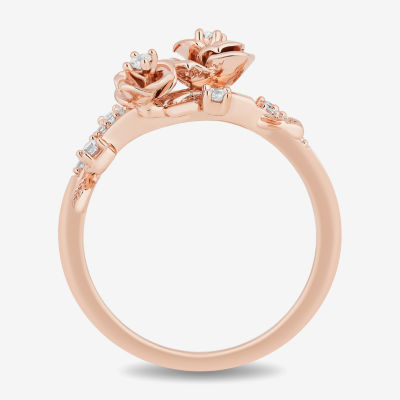 Enchanted Disney Fine Jewelry Womens 1/ CT. T.W. Natural White Diamond 14K Rose Gold Over Silver Flower Beauty and the Beast Belle Cocktail Ring