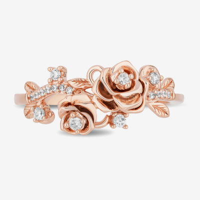 Enchanted Disney Fine Jewelry Womens 1/ CT. T.W. Natural White Diamond 14K Rose Gold Over Silver Flower Beauty and the Beast Belle Cocktail Ring