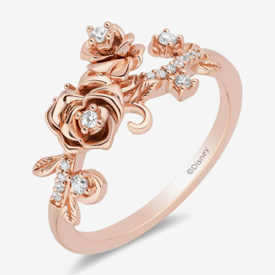 Enchanted Disney Fine Jewelry Womens 1/ CT. T.W. Natural White Diamond 14K Rose Gold Over Silver Flower Beauty and the Beast Belle Cocktail Ring