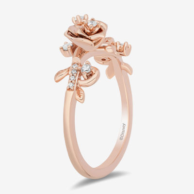 Enchanted Disney Fine Jewelry Womens 1/ CT. T.W. Natural White Diamond 14K Rose Gold Over Silver Flower Beauty and the Beast Belle Cocktail Ring