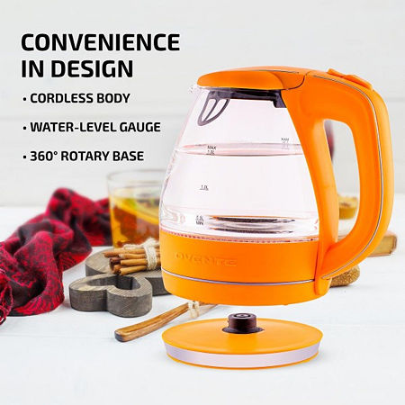 Ovente 1.5 Litre Glass With Led Light Stainless Steel Electric Kettle, One Size, Orange