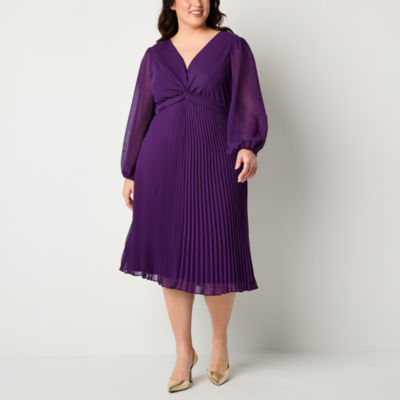 Danny & Nicole Plus Long Sleeve Midi Fit + Flare Dress, Color: Plum -  JCPenney