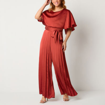 Melonie T Satin Womens Short Sleeve Belted Jumpsuit