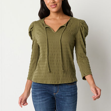 Frye And Co. Womens Split Tie Neck 3/4 Sleeve Blouse, Large, Green