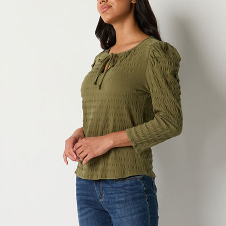 Frye And Co. Womens Split Tie Neck 3/4 Sleeve Blouse, Large, Green