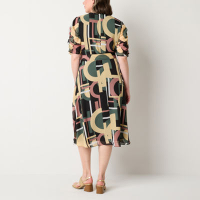 Liz Claiborne Womens Elbow Sleeve Geometric Midi Wrap Dress