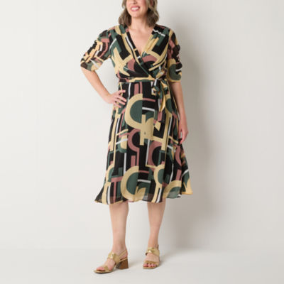 Liz Claiborne Womens Elbow Sleeve Geometric Midi Wrap Dress