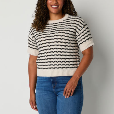 a.n.a Womens Crew Neck Short Sleeve Striped Pullover Sweater