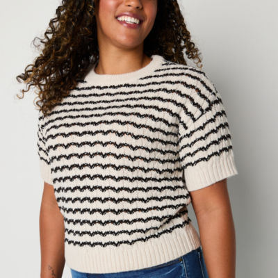 a.n.a Womens Crew Neck Short Sleeve Striped Pullover Sweater