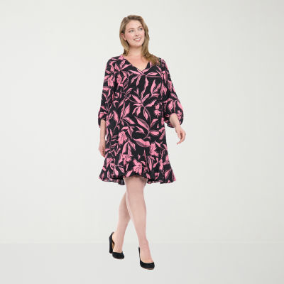 London Times Womens 3/4 Sleeve Floral Plus Shift Dress