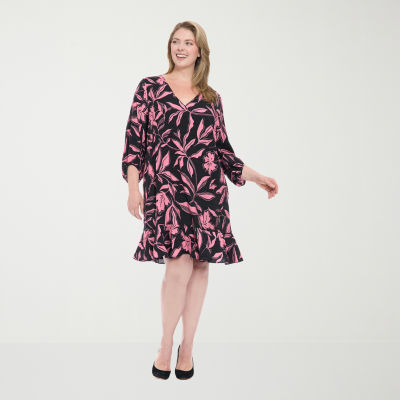 London Times Womens 3/4 Sleeve Floral Plus Shift Dress