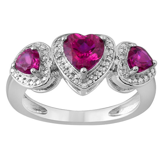 Womens Diamond Accent Lab Created Red Ruby Sterling Silver Heart 3-Stone Cocktail Ring