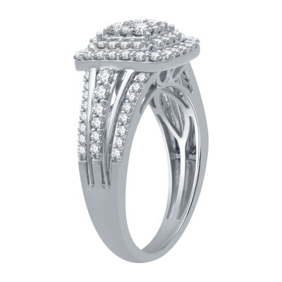 Womens 1 CT. T.W. Natural White Diamond 10K White Gold Cushion Side Stone Halo Engagement Ring