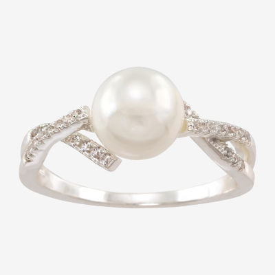 Sparkle Allure Twisted Shank Crossover Simulated Pearl Pure Silver Over Brass Round Engagement Ring