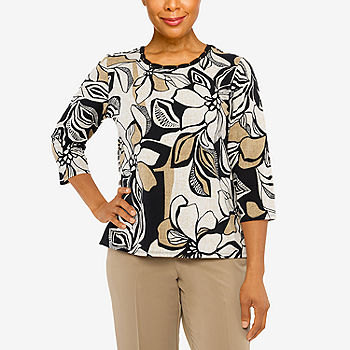 Alfred Dunner Neutral Territory Womens Round Neck 3/4 Sleeve T