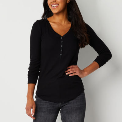 a.n.a Womens Ribbed Henley Neck Long Sleeve TShirt JCPenney