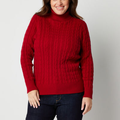 St. John's Bay Plus Womens Turtleneck Long Sleeve Cable Knit Pullover