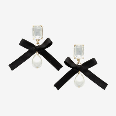 Bijoux Bar Gold Tone Womens Glass Simulated Pearl Bow Drop Earrings