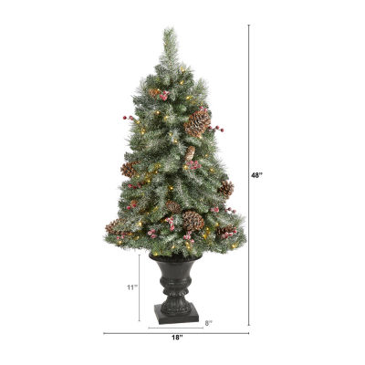 Nearly Natural Frosted 4 Foot Pre-Lit Flocked Potted Pine Christmas Tree