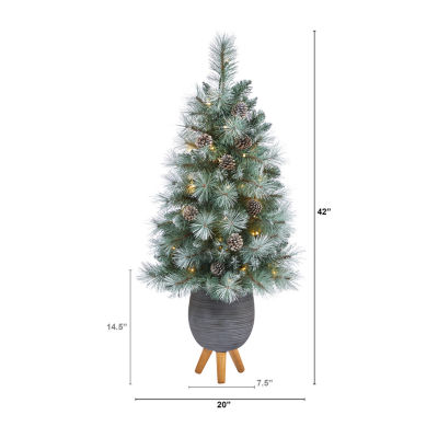 Nearly Natural Frosted Tip 3 1/2 Foot Pre-Lit Flocked Potted Pine Christmas Tree