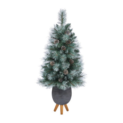 Nearly Natural Frosted Tip 3 1/2 Foot Pre-Lit Flocked Potted Pine Christmas Tree