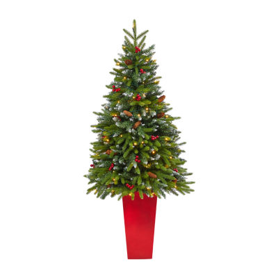Nearly Natural Snow Tipped Spruce 5 Foot Pre-Lit Flocked Potted Spruce Christmas Tree