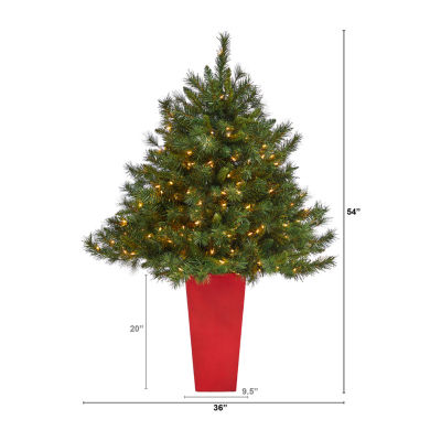 Nearly Natural Red Mixed 4 1/2 Foot Pre-Lit Potted Pine Christmas Tree
