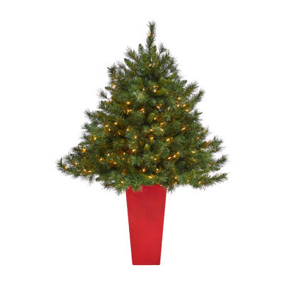 Nearly Natural Red Mixed 4 1/2 Foot Pre-Lit Potted Pine Christmas Tree