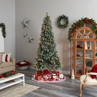 Nearly Natural Frosted 9 Foot Pre-Lit Flocked Pine Christmas Tree