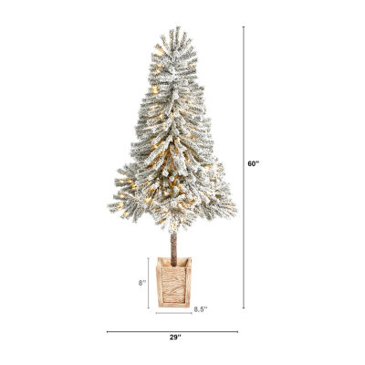 Nearly Natural 5 Foot Pre-Lit Flocked Potted Fir Christmas Tree